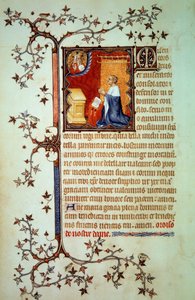 Duque Juan I de Berry (1340-1416) rezando ante Dios que lo bendice. Miniatura del manuscrito "Las Pequeñas Horas de Juan de Berry" iluminado por Juan el Negro (circa 1375)
