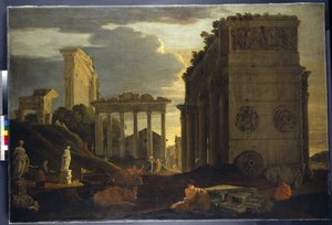 Vista caprichosa con figuras junto a un arco triunfal y los Templos de Saturno y Júpiter Tonante de Jean Lemaire