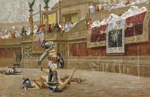 Gladiadores en la arena romana: los espectadores dan el "pulgar hacia abajo", señalando al vencedor que no perdone a su adversario. Cromolitografía según el cuadro de JL Gerome. de Jean Leon Gerome