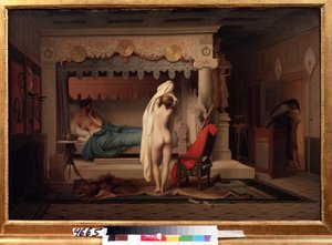 ""Representación del Rey de Lydie Candaules (o Caudale)"" El rey muestra a su esposa desnuda a su confidente Gyges, escondida en las sombras mientras ella se desnuda en el dormitorio. Pintura de Jean Leon Gerome (1824-1904) Después de 1859 Museo Pushkin, M
