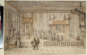 El dormitorio del rey Luis XIV (1638-1715) en Versalles. La Cámara del Rey Luis XIV en Versalles. Dibujo de Jean Le Pautre (1618-1682)