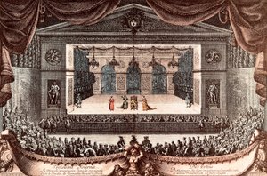 "Le malade imaginaire" (El enfermo imaginario) de Jean Baptiste Poquelin dit Molière en Versalles (grabado en color) de Jean Lepautre