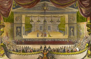 Representación del enfermo imaginario en Versalles. La representación de la obra de Jean Baptiste Poquelin, conocido como Molière (1622-1673), frente a la cueva de Tetis en los jardines de Versalles en presencia del Rey Luis XIV, en el centro de Jean Lepautre