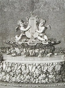 Dos Cupidos sosteniendo una lira, una fuente en Versalles