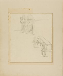 Perro de pie en una perrera y estudio de un carro de municiones de Jean Louis André Théodore Géricault