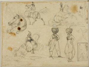 Hoja de bocetos: Soldados, caballos y un paisaje de Jean Louis André Théodore Géricault