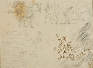 Bocetos de caballos, mozo de cuadra sujetando un caballo, un combate de caballería