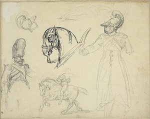 Bocetos de caballos y soldados