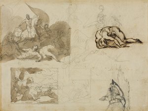 Bocetos de un combate de caballería, Un paisaje con vacas y otras composiciones