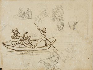 Bocetos de una fiesta musical en barco y de una mujer con sombrero alto de Jean Louis André Théodore Géricault