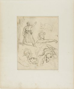 Estudios de un herrero y una cabeza de caballo con bocetos de otras figuras y un conejo de Jean Louis André Théodore Géricault