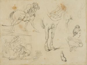 Estudios de un caballo de tiro, un herrero y una joven