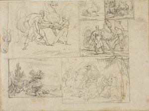 Tres estudios con bocetos de un paisaje boscoso y un combate de caballería de Jean Louis André Théodore Géricault
