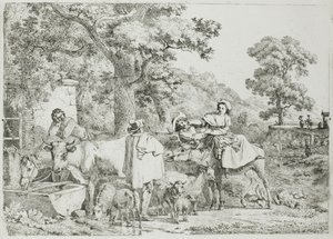 Vaca y caballo en el abrevadero de Jean Louis De Marne