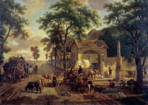 Un paisaje con camino, carro de campesinos, rebaños y pastores de Jean Louis Demarne