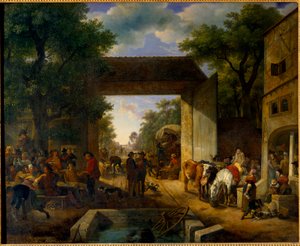 Una feria en la puerta de una posada de Jean Louis Demarne