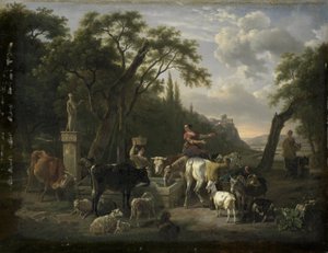 Paisaje italiano con pastores y animales en una fuente de Jean Louis Demarne