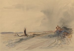 Tierra devastada, Figuras en un paisaje c. 1919 (aguada gris, acuarela y gouache) de Jean Louis Forain
