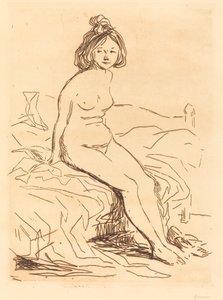 Mujer desnuda, sentada en su cama, vista frontal de Jean Louis Forain
