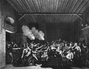 Revolución Francesa: Los Patriotas de Varennes entran en la tienda del tendero Sauce y reconocen al Rey Luis XVI (1754-1793) en fuga de Jean Louis II (after) Prieur