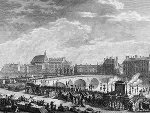 Revolución francesa: Triunfo de François Marie Arouet dit Voltaire (1694-1778) el 11 de julio de 1791 (el carro fúnebre de los restos de Voltaire pasa por el Puente Real). Grabado de Berthaut después de Prior. París, Biblioteca del Instituto de Historia de de Jean Louis II (after) Prieur