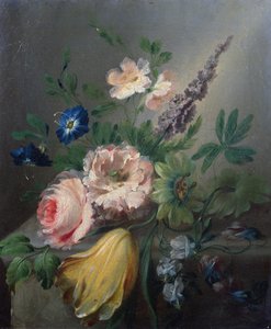 Bodegón de rosas, flores de la pasión, un tulipán y otras flores en un borde de piedra de Jean Louis Prevost