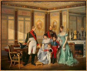 La emperatriz Josefina de Beauharnais recibió al zar Alejandro I a quien recomendó a sus hijos en mayo de 1814. La emperatriz está rodeada por Eugenio de Beauharnais, Hortensia de Beauharnais