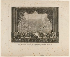 Fiesta de los Guardaespaldas, regimientos de Flandes, dragones de Montmorency y Guardias Nacionales de Versalles. Paseando la escarapela nacional, exhiben la escarapela negra, signo de la "Confederación Aristocrática" de Jean Louis the Younger Prieur