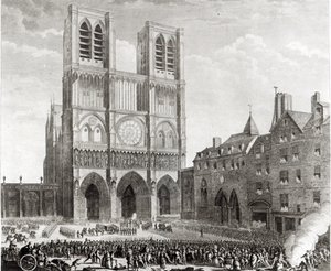 Thomas de Mahy (1744-90) Marqués de Favras haciendo enmiendas honorables ante Notre-Dame, grabado por Pierre Gabriel Berthault (1737-1831) 1790
