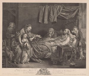 Familia alrededor de una cama enferma La Dame Bienfaisante (título sobre objeto)