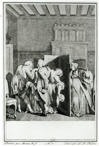 El barón... saludó a Cándido con algunas patadas notables en el trasero y lo echó de la casa, ilustración del capítulo 1 de Cándido de François Voltaire (1694-1778) grabado por Louis Michel Halbou de Jean Michel the Younger Moreau