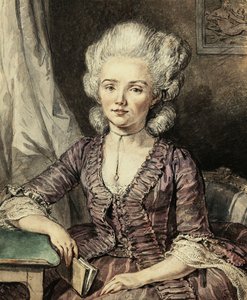 Una joven sentada junto a una mesa con un libro, 1785