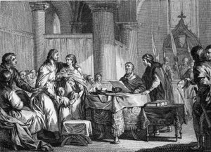 Abdicación de Carlomán (ca. 715-754), alcalde del palacio de Austrasia, en beneficio de su hermano, Pipino III llamado Pipino el Breve (714-768), 747. Grabado por Jean Michel Moreau, llamado Moreau el Joven (1741-1814) de Jean Michel the Younger Moreau
