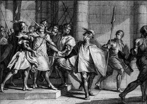 Arresto de Luis I el Piadoso o el Debonario (778-840), 830: sus tres hijos (Lotario, Pepino y Luis) se rebelan contra su decisión de incluir a su último hijo, el futuro Carlos el Calvo, en su sucesión. Grabado de Jean Michel Moreau, llamado Moreau el Joven