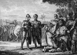 Batalla de Tertry, 687: vencedor del ejército de Neustria, Pipino el Joven o de Herstal (circa 653-714), príncipe de Austrasia, reconoce la autoridad del rey de Neustria Thierry III (657-691). Grabado por Jean Michel Moreau, llamado Moreau el Joven (1741-1