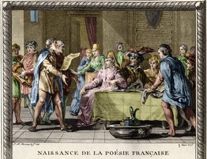 Nacimiento de la poesía francesa: Trovadores, seguidos por juglares y ménestrels, recitan los primeros poemas en francés durante las festividades entre los nobles en el siglo XII. Grabado de Moreau le Jeune