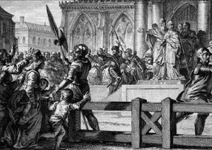 Carlomagno (747-814) presenta al pueblo a su sucesor, su hijo Luis de Aquitania (Luis I el Piadoso o el Debonnaire, 778-840). Aix la Chapelle, 813. Grabado por Jean Michel Moreau, llamado Moreau le Jeune (1741-1814)