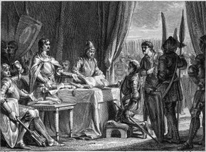 Carlos Martel (688-741), Rey de los Francos, distribuye los bienes de la Iglesia a sus soldados, 718. Grabado por Jean Michel Moreau, llamado Moreau le Jeune (1741-1814)