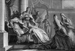 Emma de Francia (894-934), hermana de Hugo el Grande (897-956), se postra a sus pies. Casada con Raúl de Borgoña (o Rodolfo, 890-936), decidió, a petición de su hermano, dar la corona de Francia a su esposo, declarando 