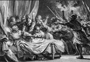 Fin de la dinastía carolingia, 988: arresto de Carlos (953-991), Duque de Baja Lorena, por Hugo Capeto (941-996) y su ejército. (grabado por Jean Michel Moreau, dit Moreau le Jeune)