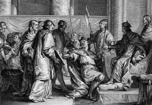 Erispoe (muerto en 857), Rey de Bretaña, recibe los ornamentos del reino de manos de Carlos II el Calvo (823-877), 851. Grabado por Jean Michel Moreau, llamado Moreau le Jeune (1741-1814) de Jean Michel the Younger Moreau