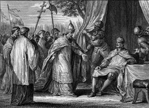 Entrevista entre el Papa Gregorio IV (fallecido en 844) y Luis I el Piadoso o el Debonario (778-840), en 833, para resolver la disputa entre el rey y sus hijos, Lotario, Pepino y Luis. Grabado por Jean Michel Moreau, llamado Moreau el Joven (1741-1814)