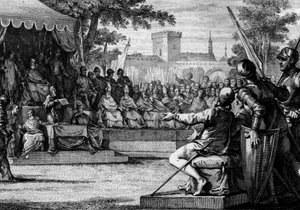 Legislación bajo Carlomagno: lectura de una nueva ley en voz alta a los representantes del pueblo que expresan su acuerdo o desacuerdo. Siglos VIII-IX. Grabado por Jean Michel Moreau, llamado Moreau le Jeune (1741-1814) de Jean Michel the Younger Moreau