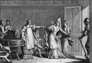 Luis V el Holgazán (966-987), Rey de los Francos, expulsa a su madre, la Reina Emma de Italia (945-988), acusada de envenenar a su esposo, el Rey Lotario (941-986), 987. Grabado por Jean Michel Moreau, llamado Moreau le Jeune (1741-1814) de Jean Michel the Younger Moreau