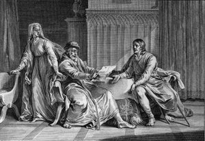 Luis el Gordo (1081-1137) muestra a su padre, Felipe I (1052-1108), la carta en la que supuestamente pidió al Rey de Inglaterra que asesinara a Luis. Bertrade de Montfort (ca. 1070-1118), esposa de Felipe y supuesta autora de la carta, también está present de Jean Michel the Younger Moreau