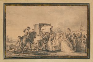 María Antonieta, saliendo de su carruaje y rodeada por su cortejo, consolando a un campesino, 1773 de Jean Michel the Younger Moreau