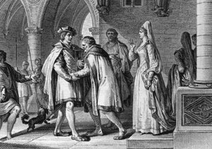 Felipe I (1052-1108), Rey de los Francos, visitando la corte del Conde de Anjou, Foulques le Rechin (1042-1109). Este viaje es un pretexto para arreglar su matrimonio con Bertrade de Montfort (alrededor de 1070-1118), esposa del Conde. 1095. Grabado por Je de Jean Michel the Younger Moreau