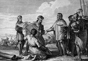 Proyecto de un canal entre el Rin y el Danubio, 793: Carlomagno (747-814) visitando el sitio del canal para conectar el Mar del Norte con el Mar Negro. Grabado por Jean Michel Moreau, llamado Moreau el Joven (1741-1814)