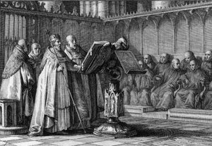 Roberto II el Piadoso (970-1031), rey de los francos, cantando en un servicio religioso frente a un atril. Lleva su corona y sostiene su cetro. Grabado por Jean Michel Moreau, llamado Moreau el Joven (1741-1814)