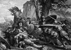 Roland murió durante la batalla de Roncesvalles entre el ejército de Carlomagno y el de los sarracenos. 778. Grabado por Jean Michel Moreau, llamado Moreau le Jeune (1741-1814) de Jean Michel the Younger Moreau